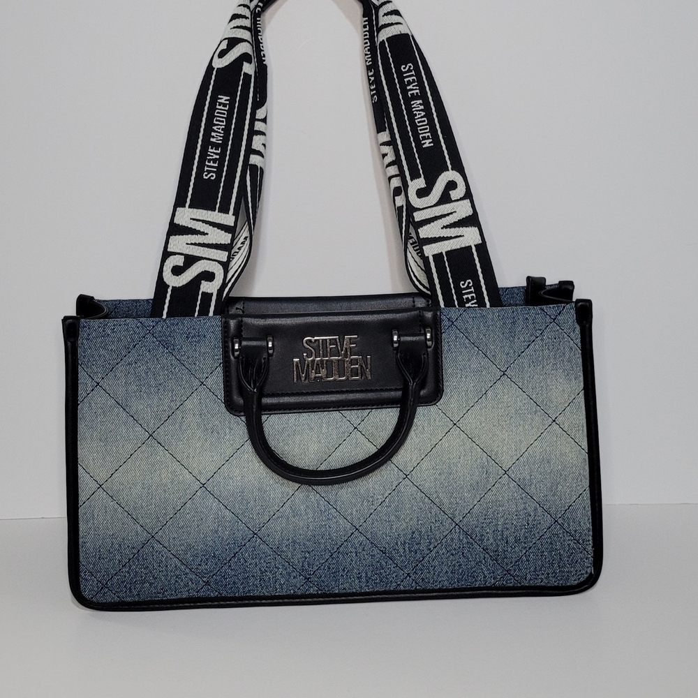 Steve Madden Denim Quilted Tote with Logo Straps